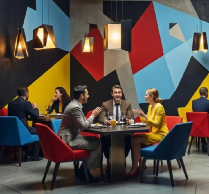 Kubistyczne wnętrze restauracji Zagrywka Zone z geometrycznymi formami i kolorowym oświetleniem