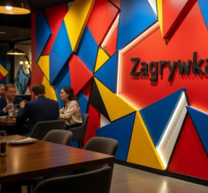 Abstrakcyjna, kubistyczna kompozycja kolorów i świateł we wnętrzu Zagrywka Zone