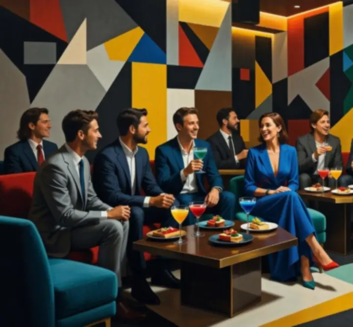 Goście w Zagrywka Zone podczas wieczoru social dining w kubistycznym, kolorowym wnętrzu.