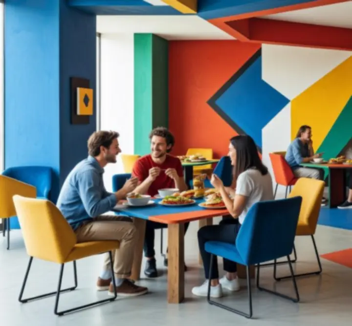 Geometryczne, kolorowe wnętrze restauracji z mocnymi liniami i kontrastującymi blokami kolorów