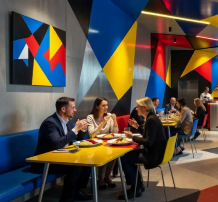Kubistyczne wnętrze restauracji Zagrywka Zone z kolorowym, geometrycznym oświetleniem.