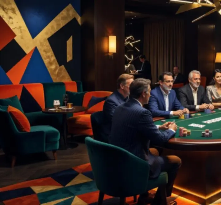 Przyjacielski wieczór gier stolikowych przy pokerowym stole w eleganckiej loży Zagrywka Zone