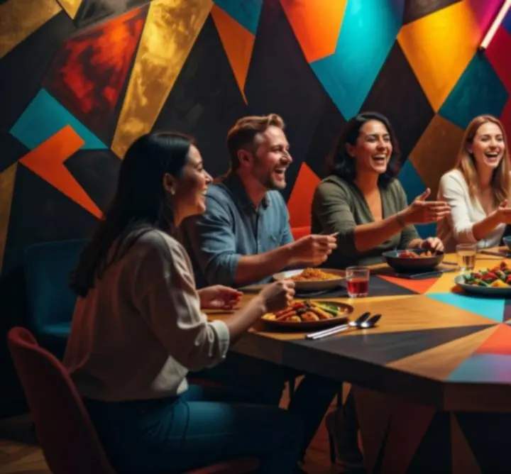 Goście przy wspólnym stole w restauracji Zagrywka Zone w nastrojowym, kolorowym świetle